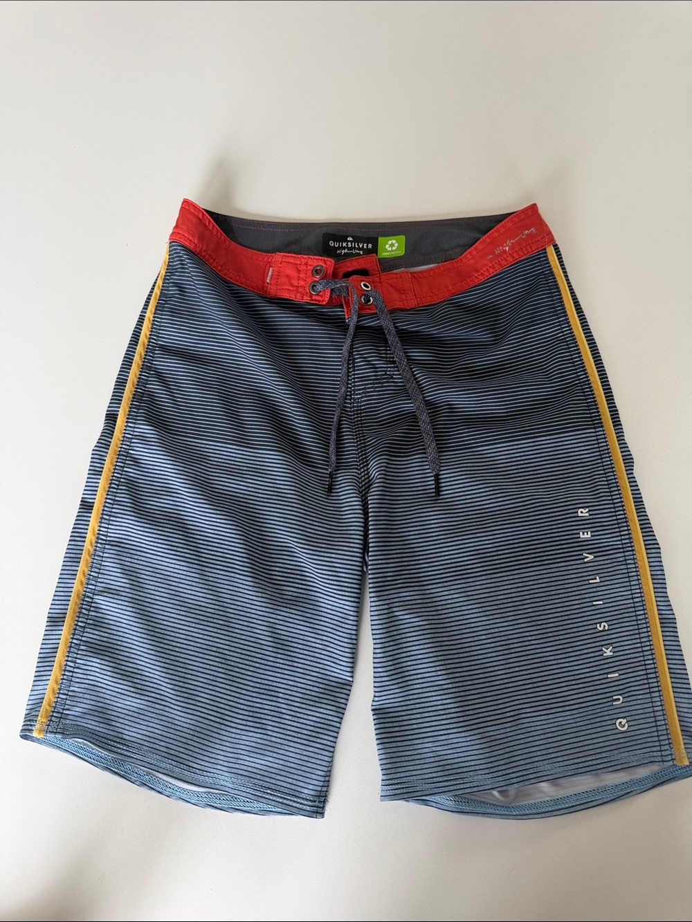Quiksilver Striped Blue Boardshorts with Red Waistband and Yellow Trim